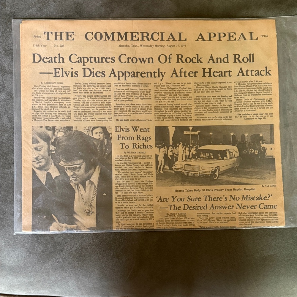 Vintage Newspaper Elvis Death